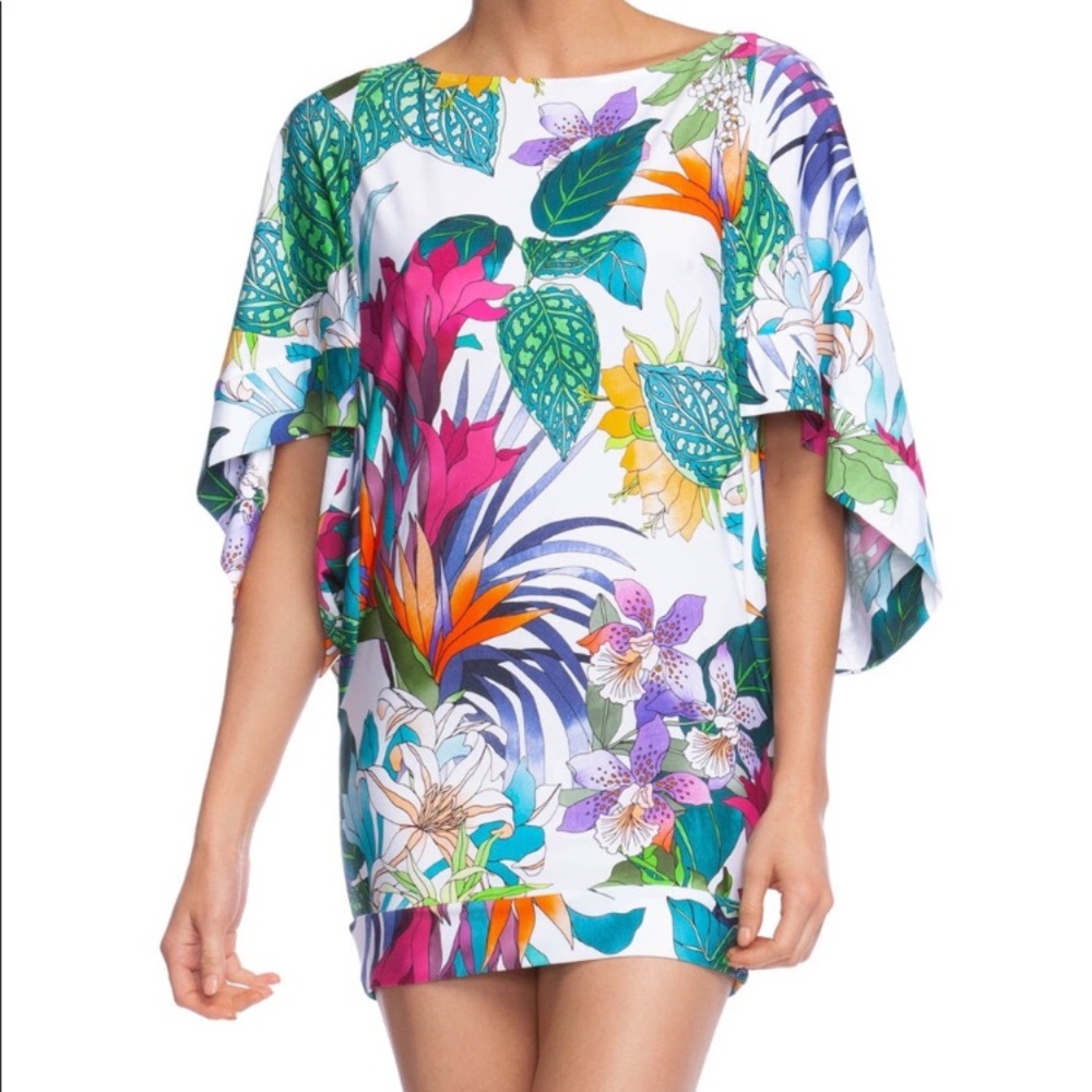 Trina Turk “Amazonia” Tropical Print Swim Cover-Up Tunic Dress